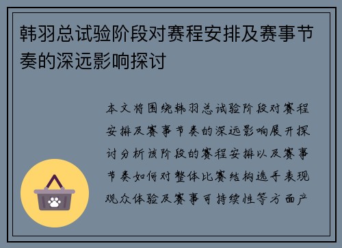 韩羽总试验阶段对赛程安排及赛事节奏的深远影响探讨