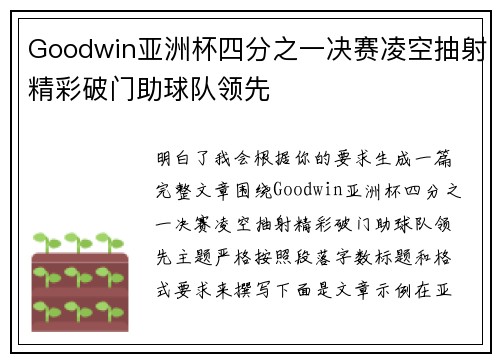 Goodwin亚洲杯四分之一决赛凌空抽射精彩破门助球队领先