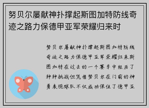 努贝尔屡献神扑撑起斯图加特防线奇迹之路力保德甲亚军荣耀归来时