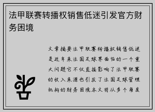 法甲联赛转播权销售低迷引发官方财务困境