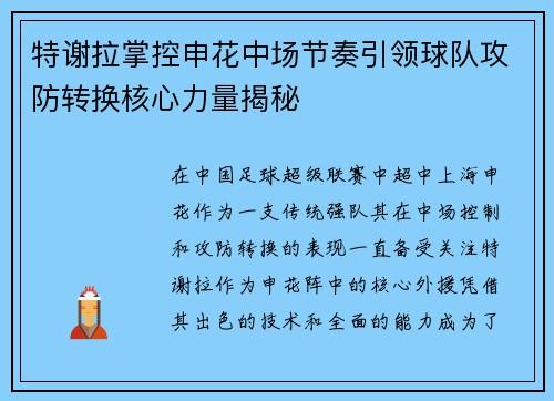特谢拉掌控申花中场节奏引领球队攻防转换核心力量揭秘